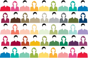 Rows of men and women in different coloured shirts
