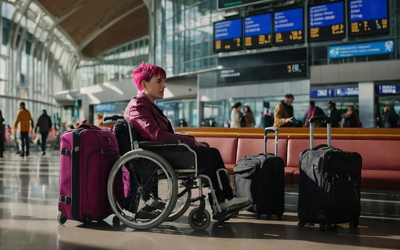 Female in a manual wheelchair sat in an airport with lots of luggage around her