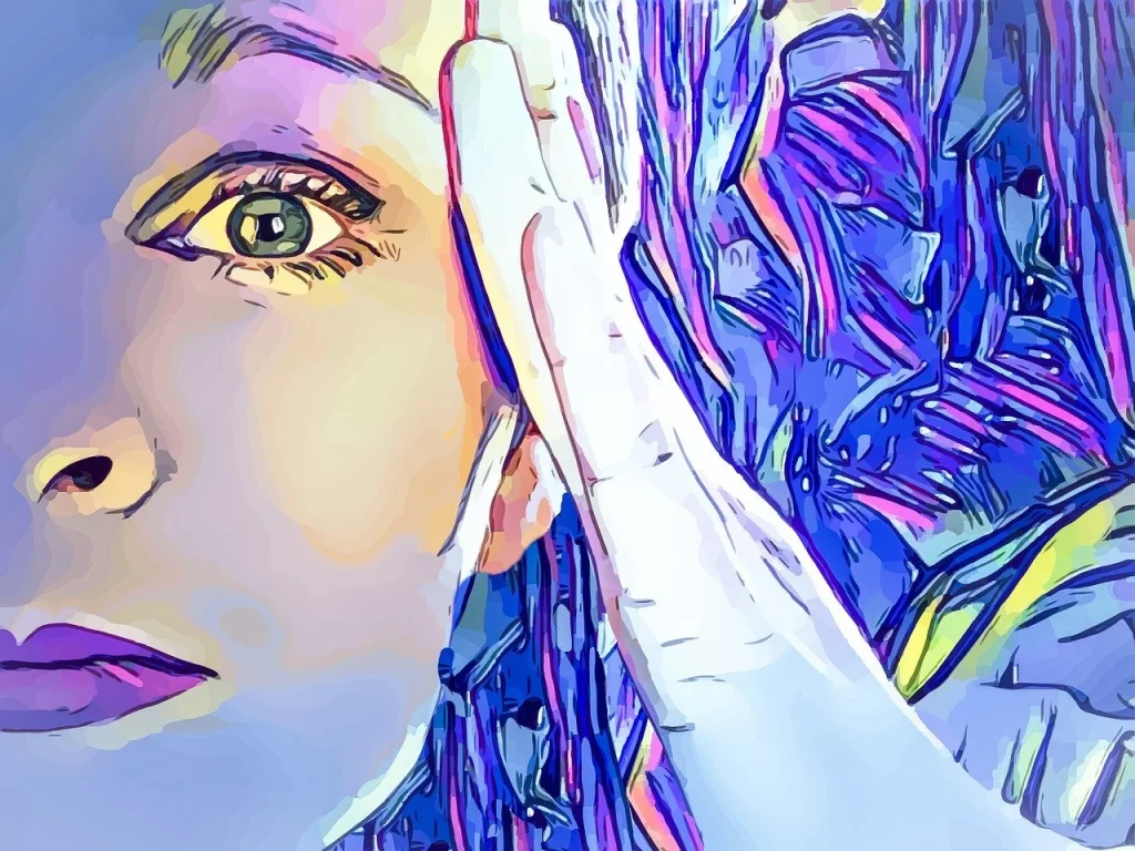 Woman with hand touching her temple looking frustated