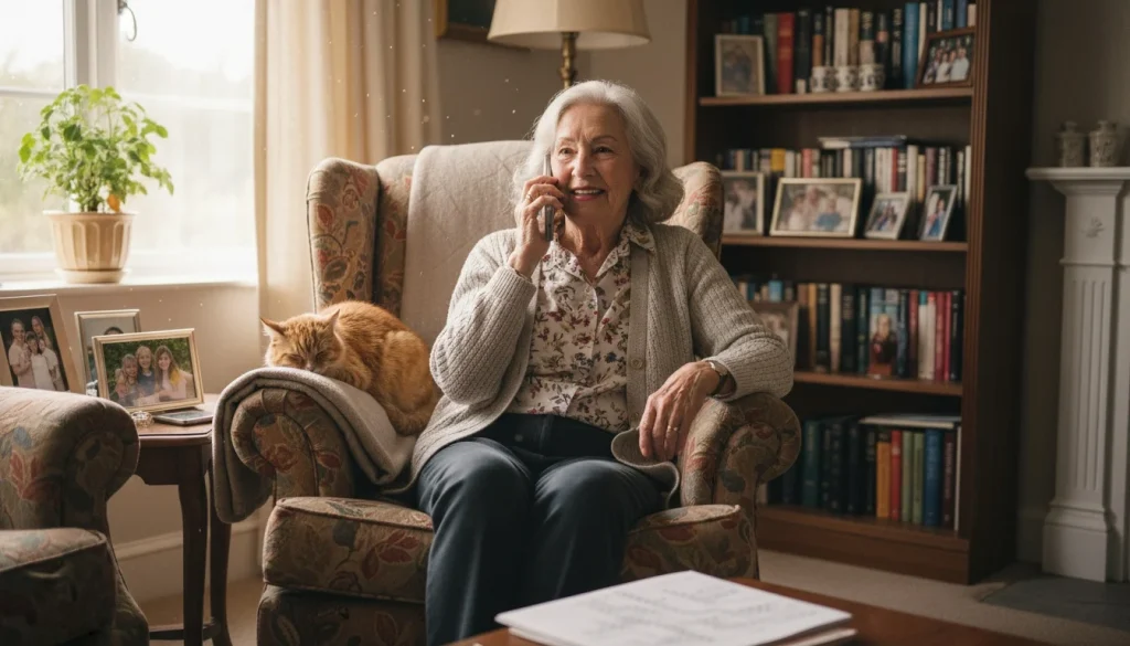 An older woman sat in an armchair on the phone