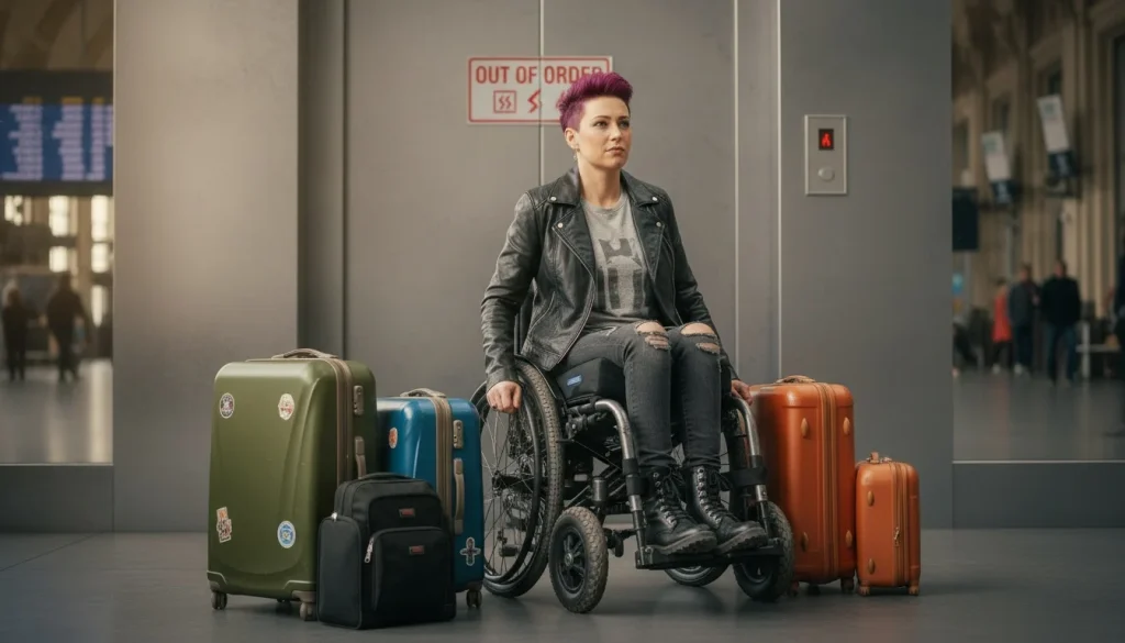 Female wheelchair user sat in front of a broken lift with suitcases