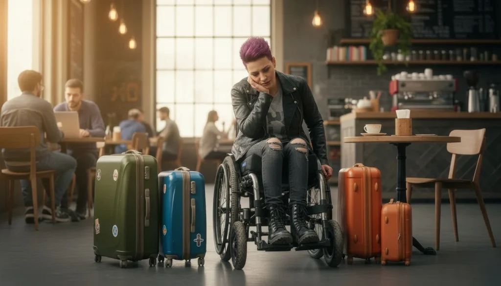 Female wheelchair user sitting in a cafe looking tired and fed up