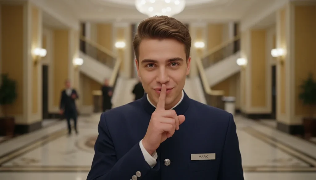 A young male hotel member of staff saying shh