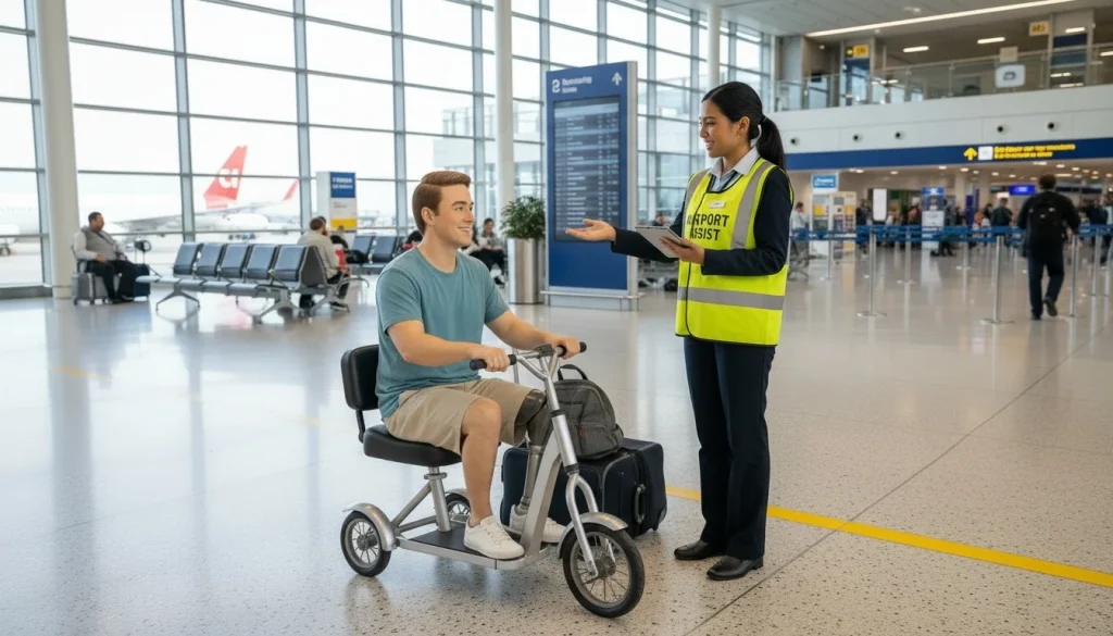 Male traveller on a scooter trike with airport assistance