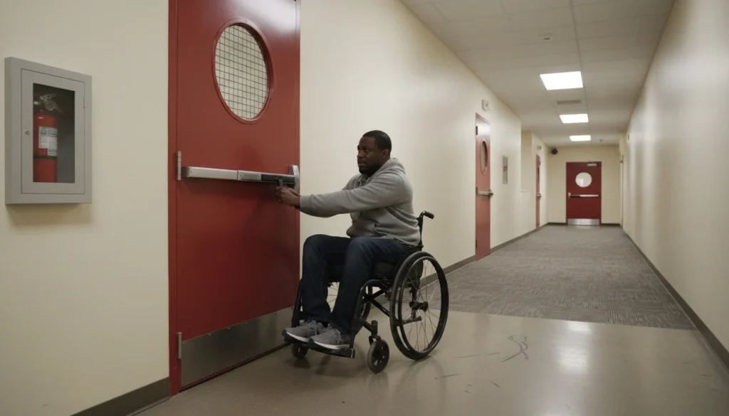A black man in a wheelchair is trying to open a fire door