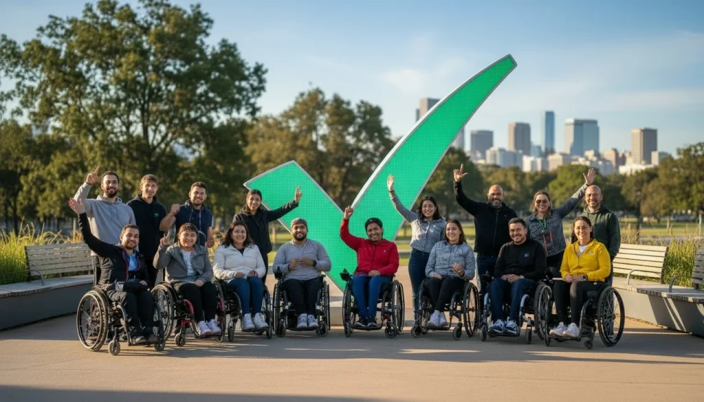 A group of wheelchair users sat in front of a big green tick
