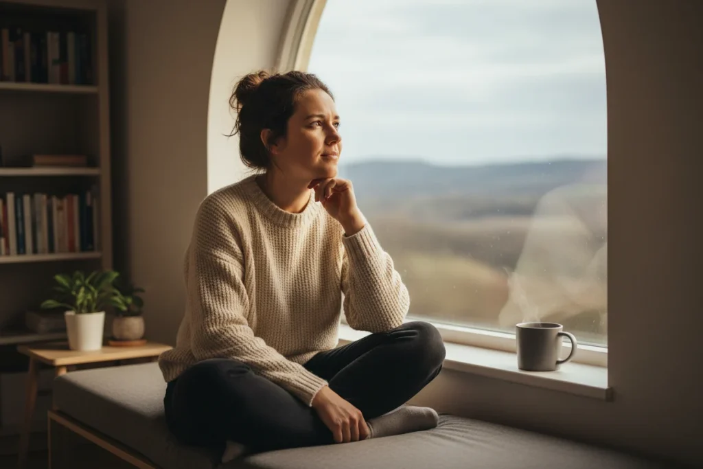 Female sitting at a window looking out into the distance