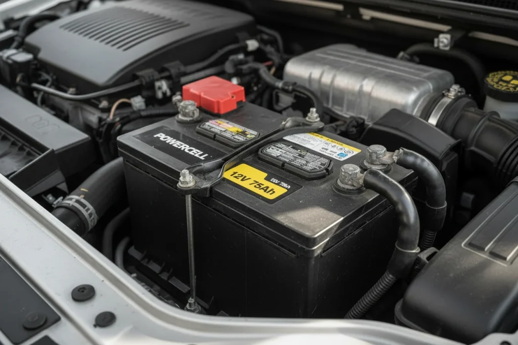 Car battery inside the bonnet of a car