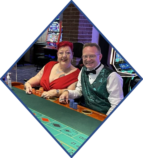 Jeff and Caroline sat at a casino table